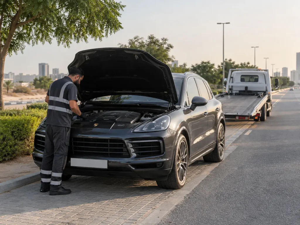 Grey Porsche Cayenne stopped safely while roadside assistance is arranged