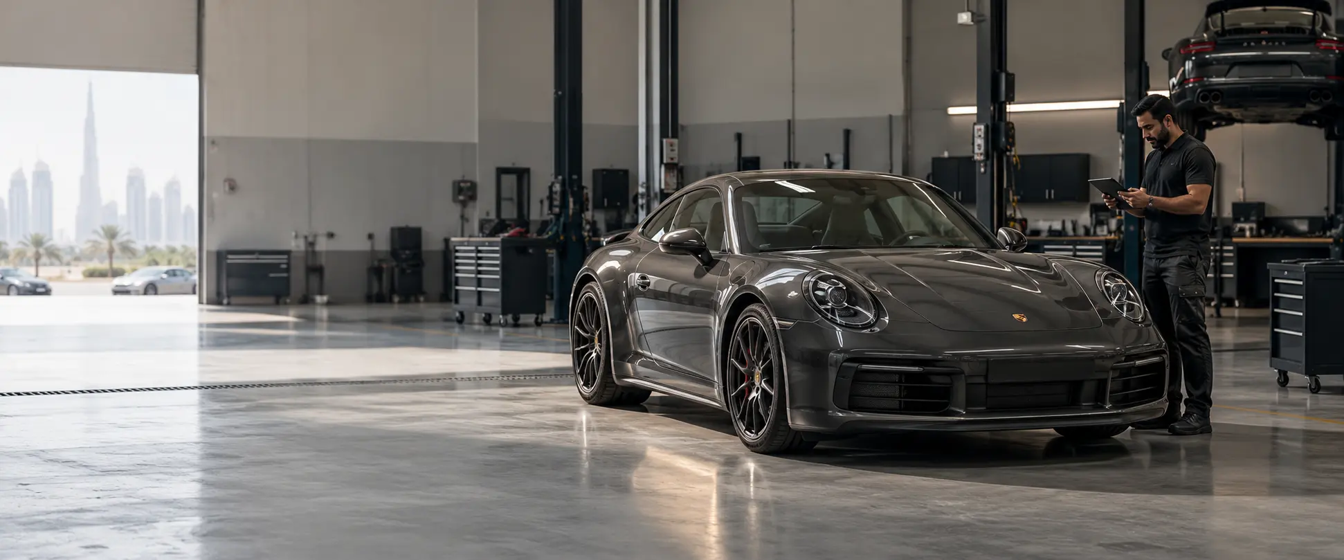 Porsche in a workshop setting