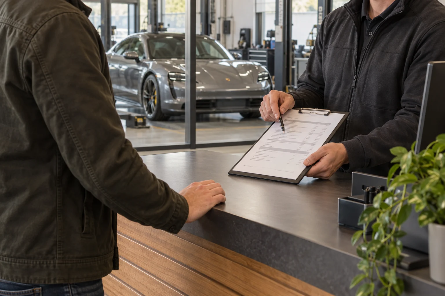 Technician reviewing a Porsche Taycan maintenance quotation and service items