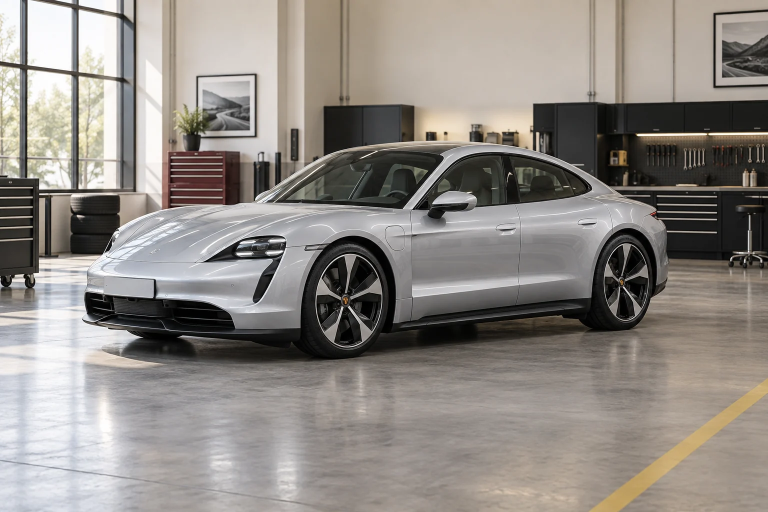 Silver Porsche Taycan in an independent workshop, service illustration