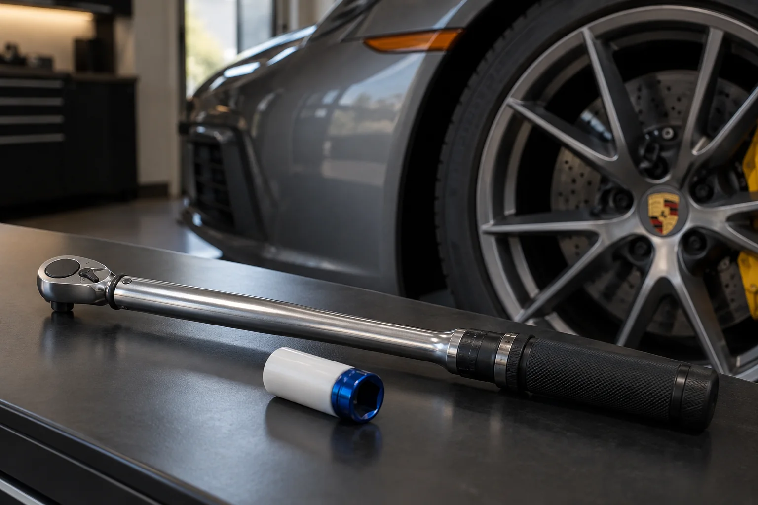 Concept image of a torque wrench and protective wheel socket beside a parked Porsche wheel