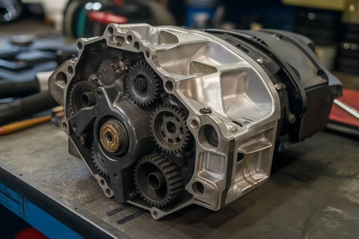 Porsche transmission unit prepared for workshop repair