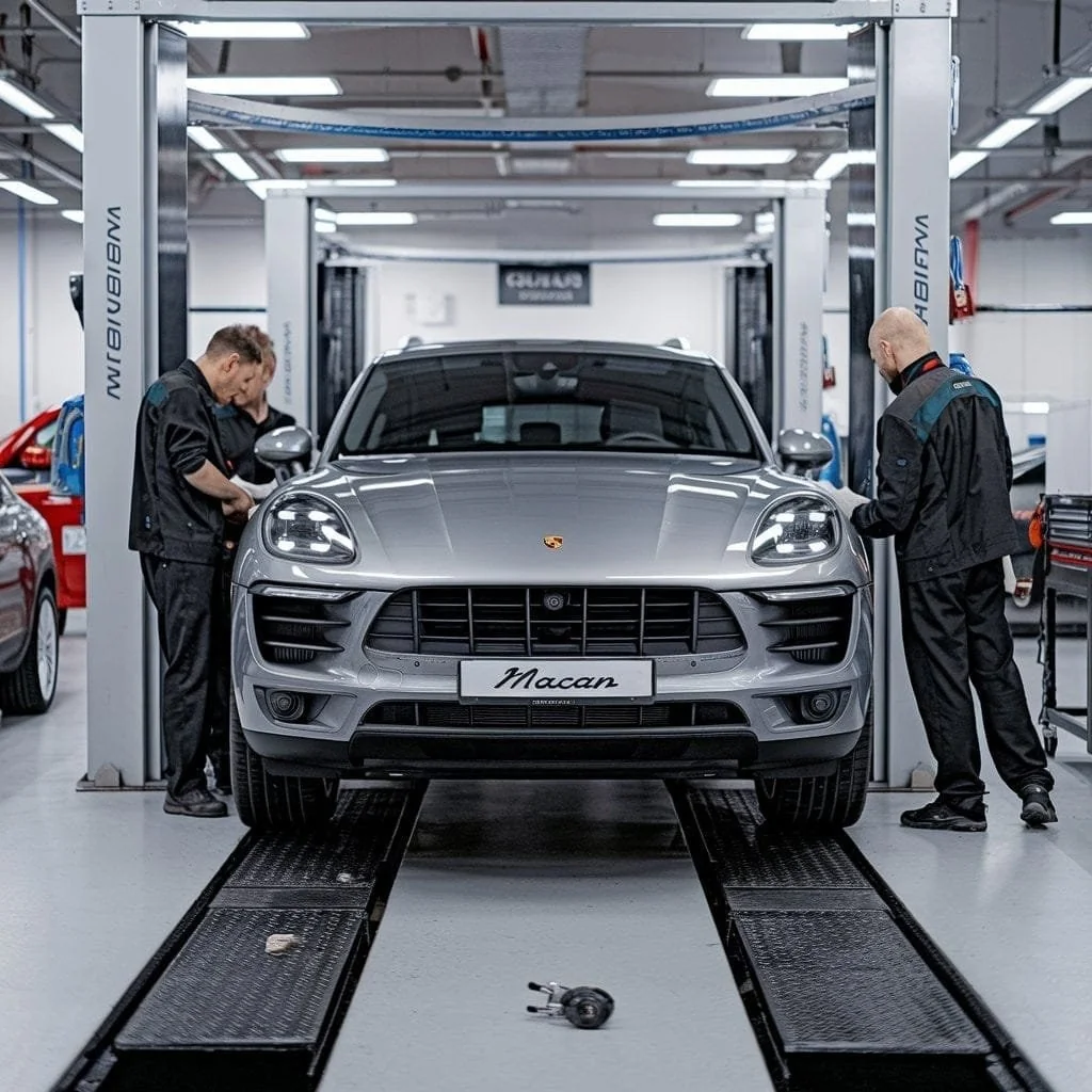 Porsche Macan raised for inspection of leaks and driveline components
