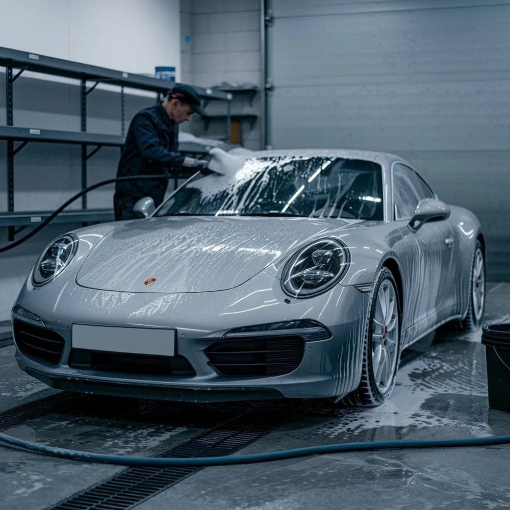 Porsche 911 receiving a hand wash