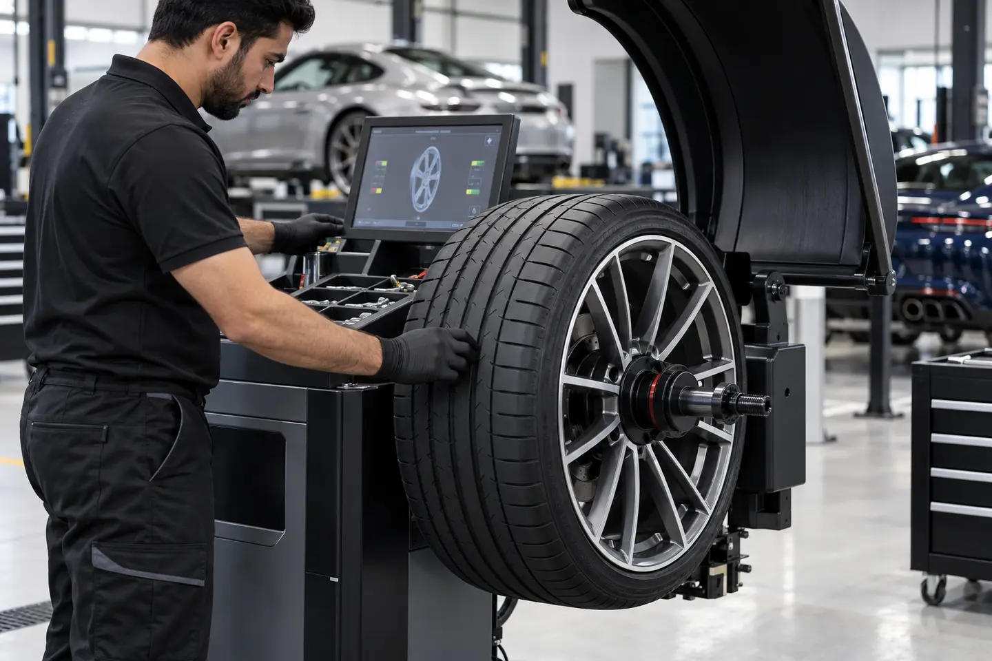 Technician checking a wheel and tyre on a balancing machine