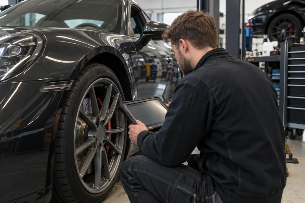 Technician reviewing a diagnostic tablet beside a sports car front wheel