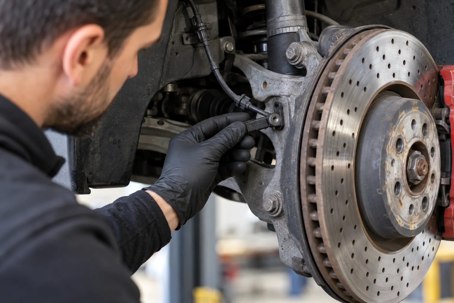 Technician checking a wheel-speed sensor and cable beside a brake disc and hub