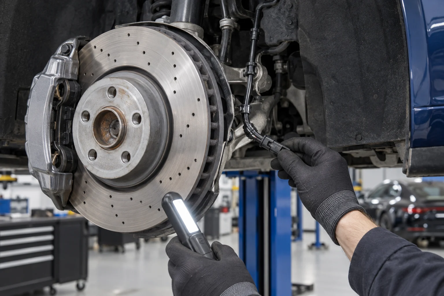 Technician inspecting a Porsche wheel-speed sensor cable beside the brake disc and hub