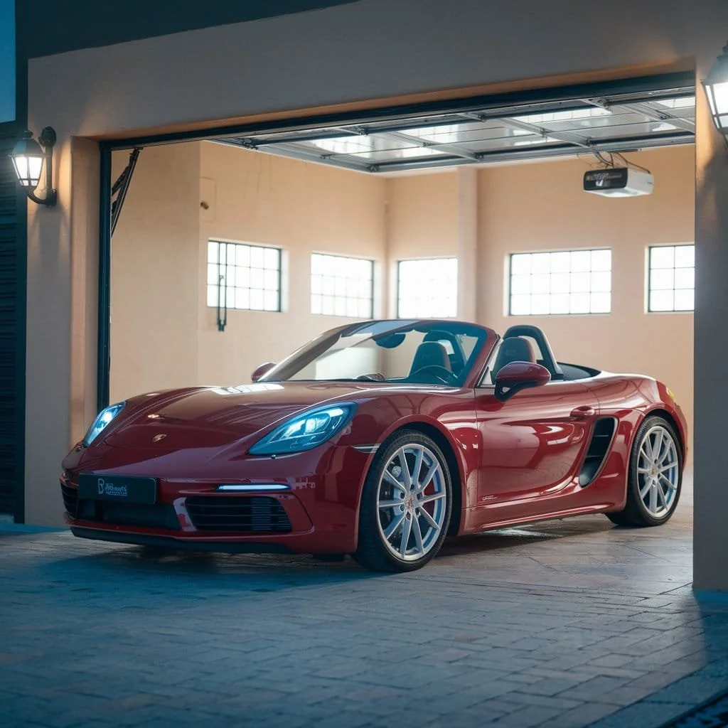 Red Porsche Boxster with its roof lowered