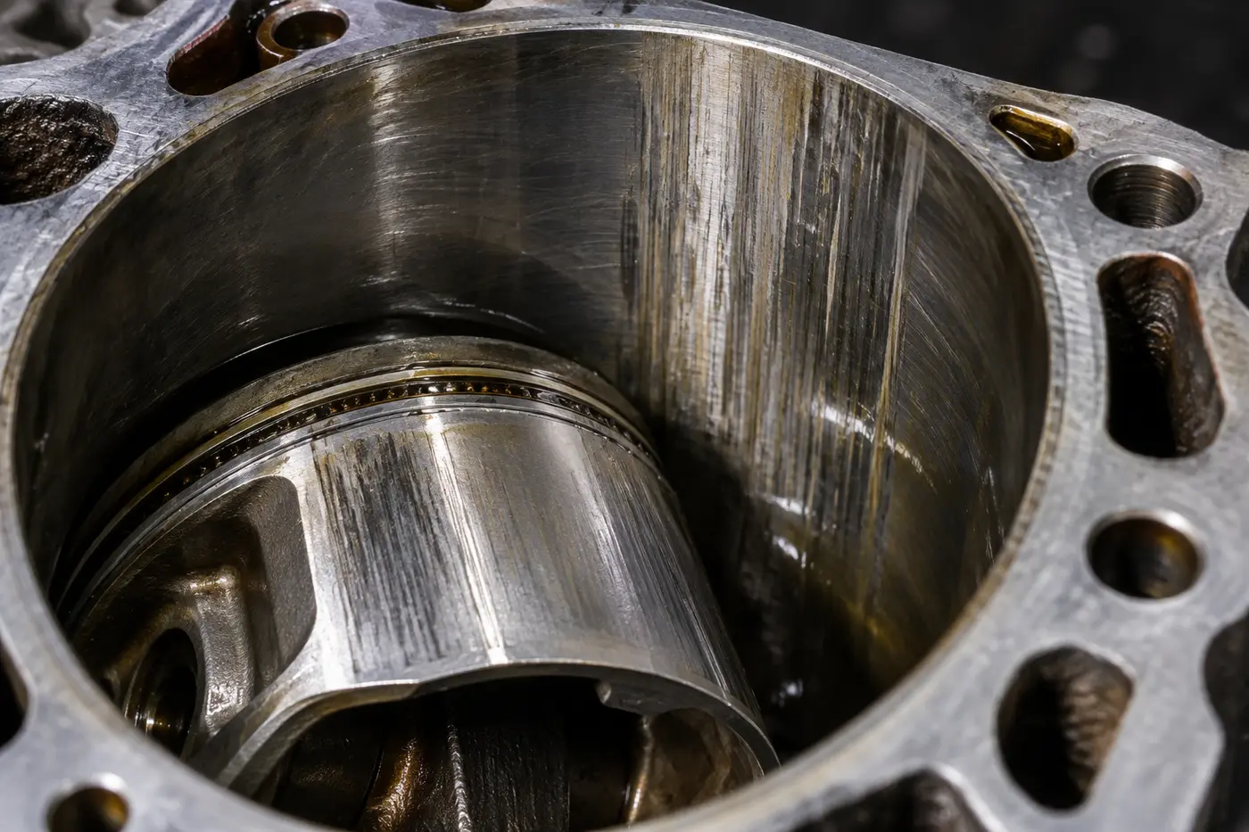 Vertical scoring marks on an engine cylinder wall beside the piston
