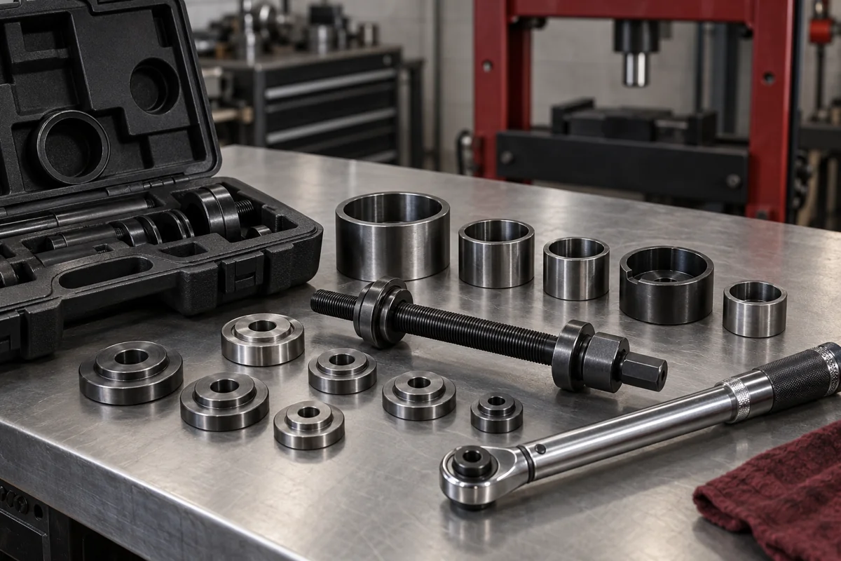 Bearing installation adapters and torque wrench on a workbench